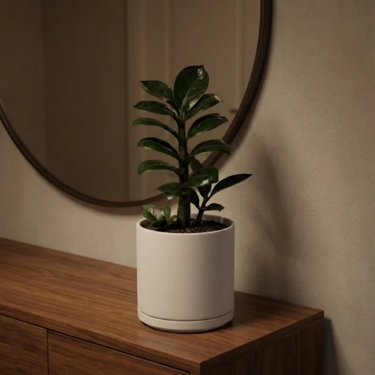 ZZ Drawft plant in white ceramic cylindrical planter with matching saucer